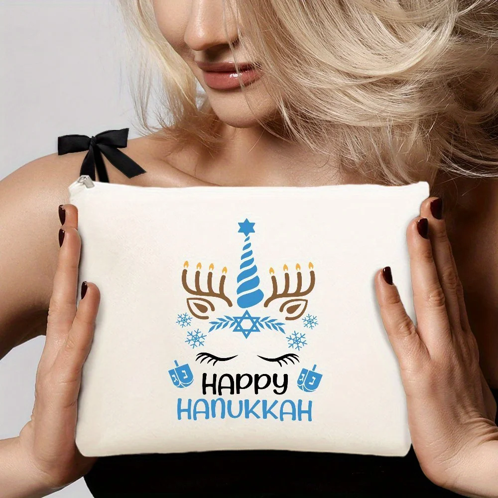 

Happy Hanukkah Canvas Toiletry Bag Women Lightweight Makeup Bag Cosmetic Bag Portable Storage Pouch for Toiletries ID Cards