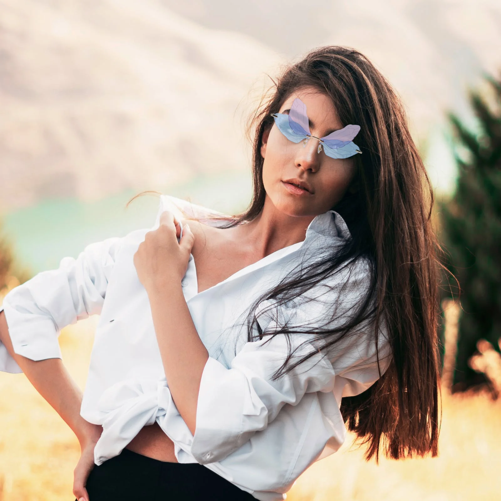 

1 Pair Wing Shape Sunglasses Fashion Eyewear Rimless Design Dragonfly Wing Glasses Unisex Irregular Sun Shades For Outdoor