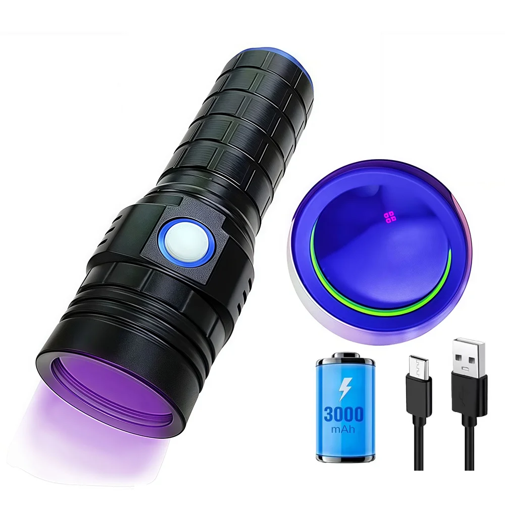 TOPCOM 365nm UV Flashlight Portable Rechargeable Ultraviolet LED Powerful Black Light Lantern Resin Curing Bloodstain Tracking