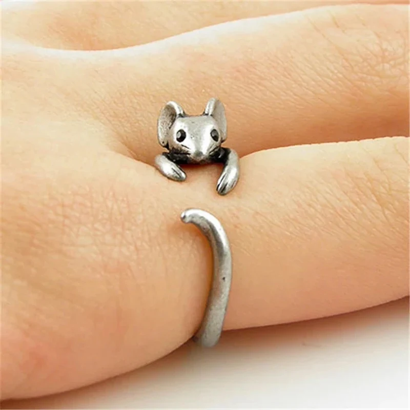 Huitan Real 925 Sterling Silver Cute Mouse Shape Open Rings dla kobiet Nowoczesna moda Dziewczyny Pierścionki na palce Hip Hop Biżuteria imprezowa