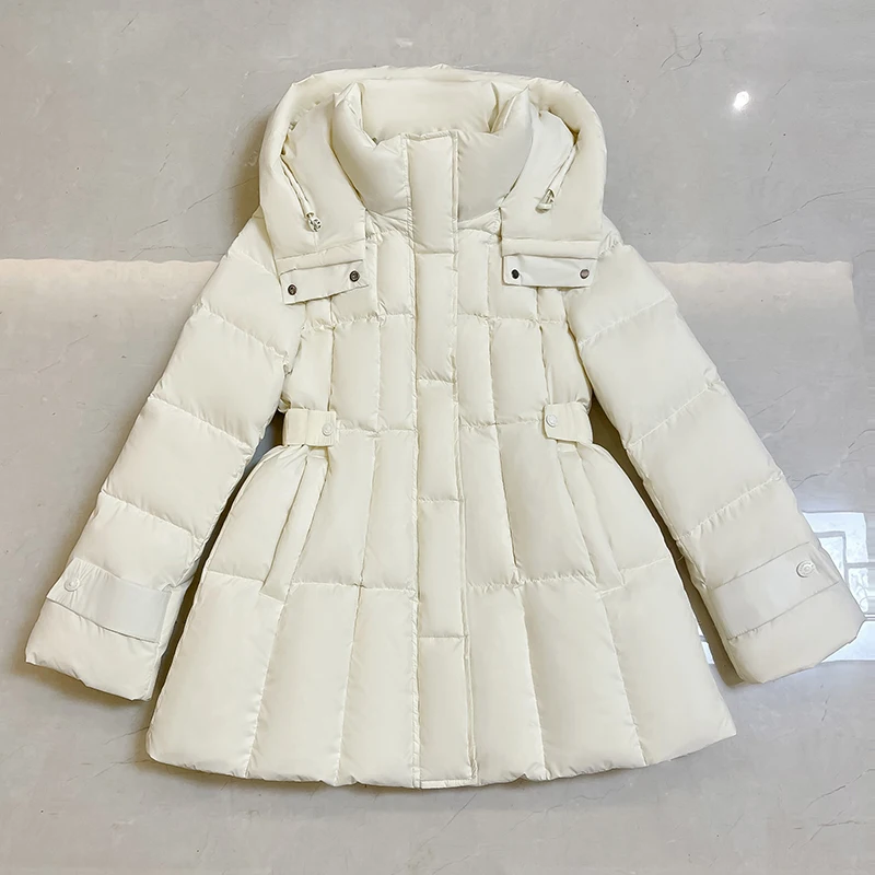 

Winter Solid Hooded Mid Length Slim Down Jacket Female Warm Zipper Parker Outwears Women White Duck Down Fluffy Down Jackets