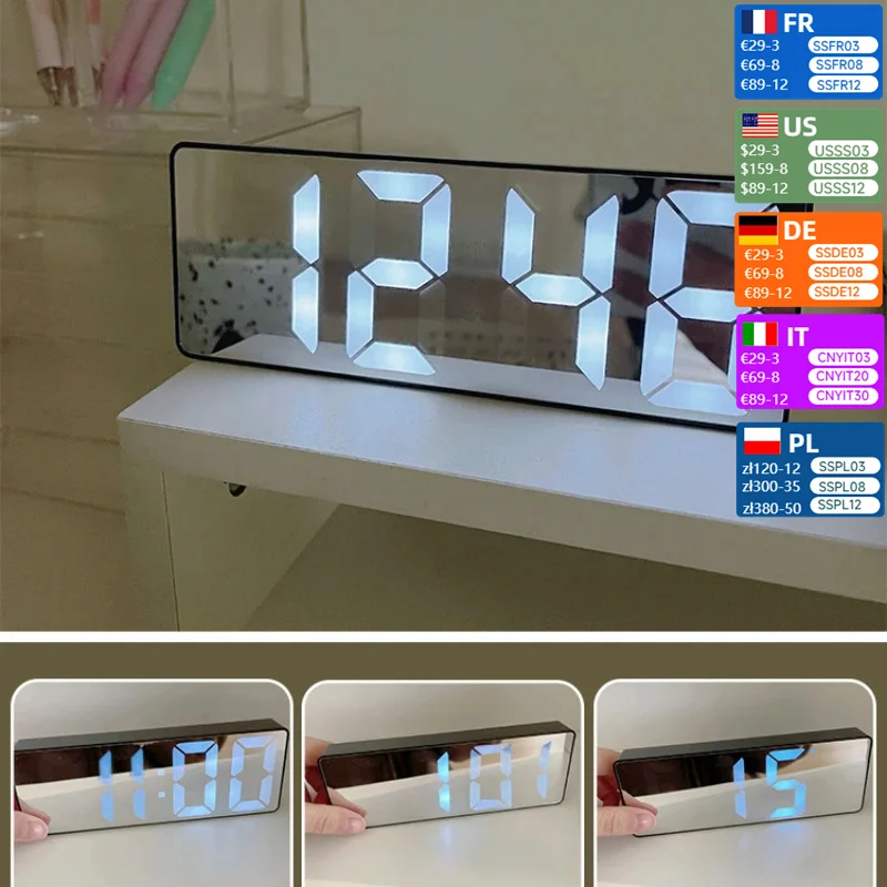 Budzik Nvarcher, lustrzane cyfrowe oświetlenie nocne LED, cichy pulpit, dekoracja nocna, inteligentny zegar elektroniczny