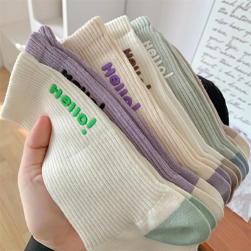 New Women\'s Socks Long Spring Summer Fashion Silicone Letter Crew Socks Girls Mixed-Color Soft Breathable Casual Striped Socks