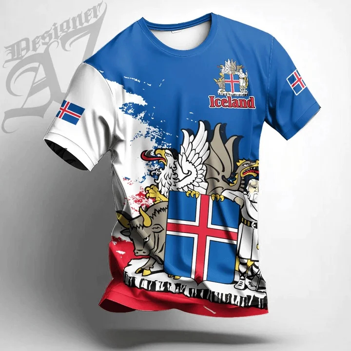 أزياء أيسلندا العلم كرة القدم تي شيرت الاتجاه الصيف قصيرة الأكمام الشعار الوطني 3D المطبوعة قميص رياضي فضفاض تنفس قمم #1