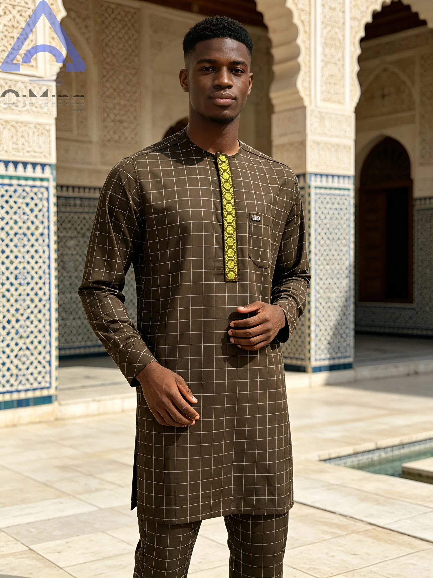 QiMing Men's African 2-Piece Kaftan Suit Plaid Embroidered Senator Dashiki Set Traditional Tunic Outfit For Wedding And Eid