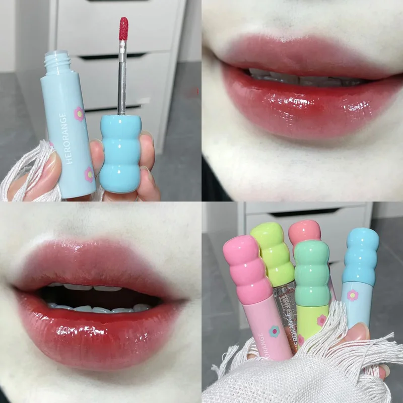 Cute Mirror Glass Lip Gloss Moisturizing Lip Plumper Oil Anti-Cracking Sexy Wood Red Water Glossy Lip Tint Non-stick Cup Makeup