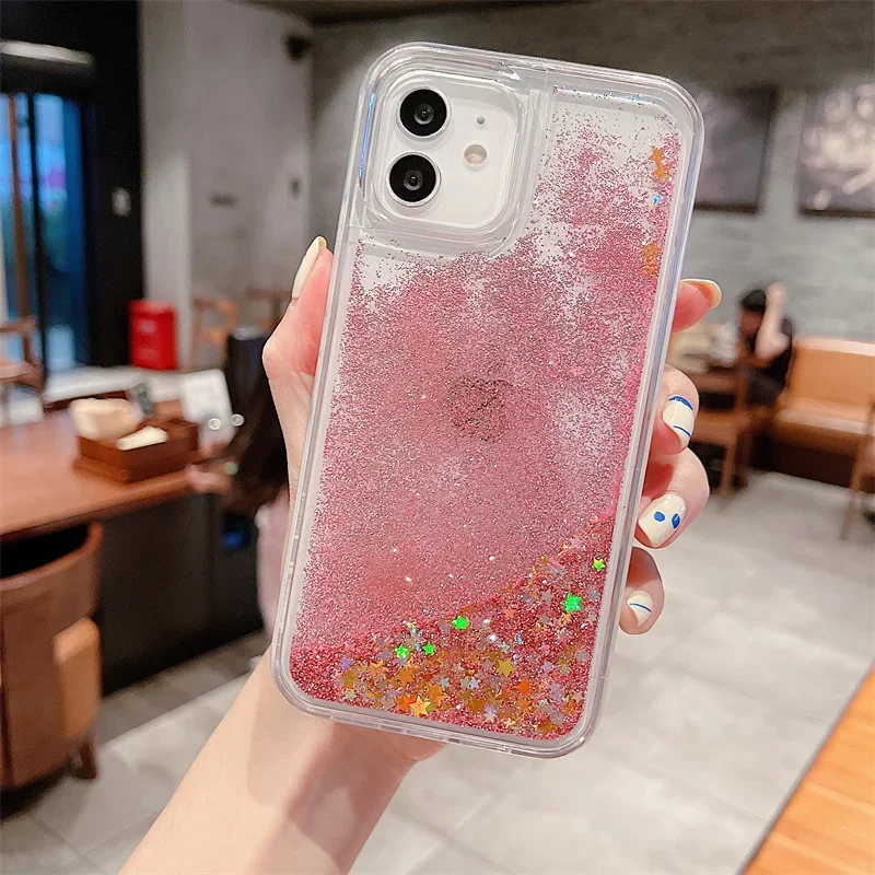 

Dynamic Quicksand Phone Cover for iPhone 14 Pro Max 15 Plus 16 Case Sequins Sand Love Heart Clear Jelly Soft Coque Carcasas Hull