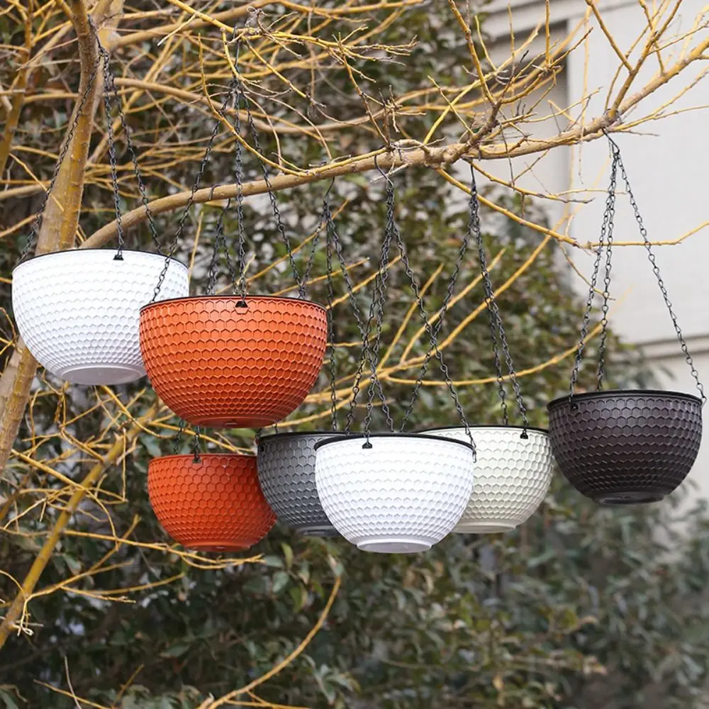 Mit Abtropffläche und hängender Kette, hängender Blumentopf aus Wabenstruktur, selbstwasserender hydroponischer hängender Blumenkorb, stabiler Blumentopf aus Kunstharz
