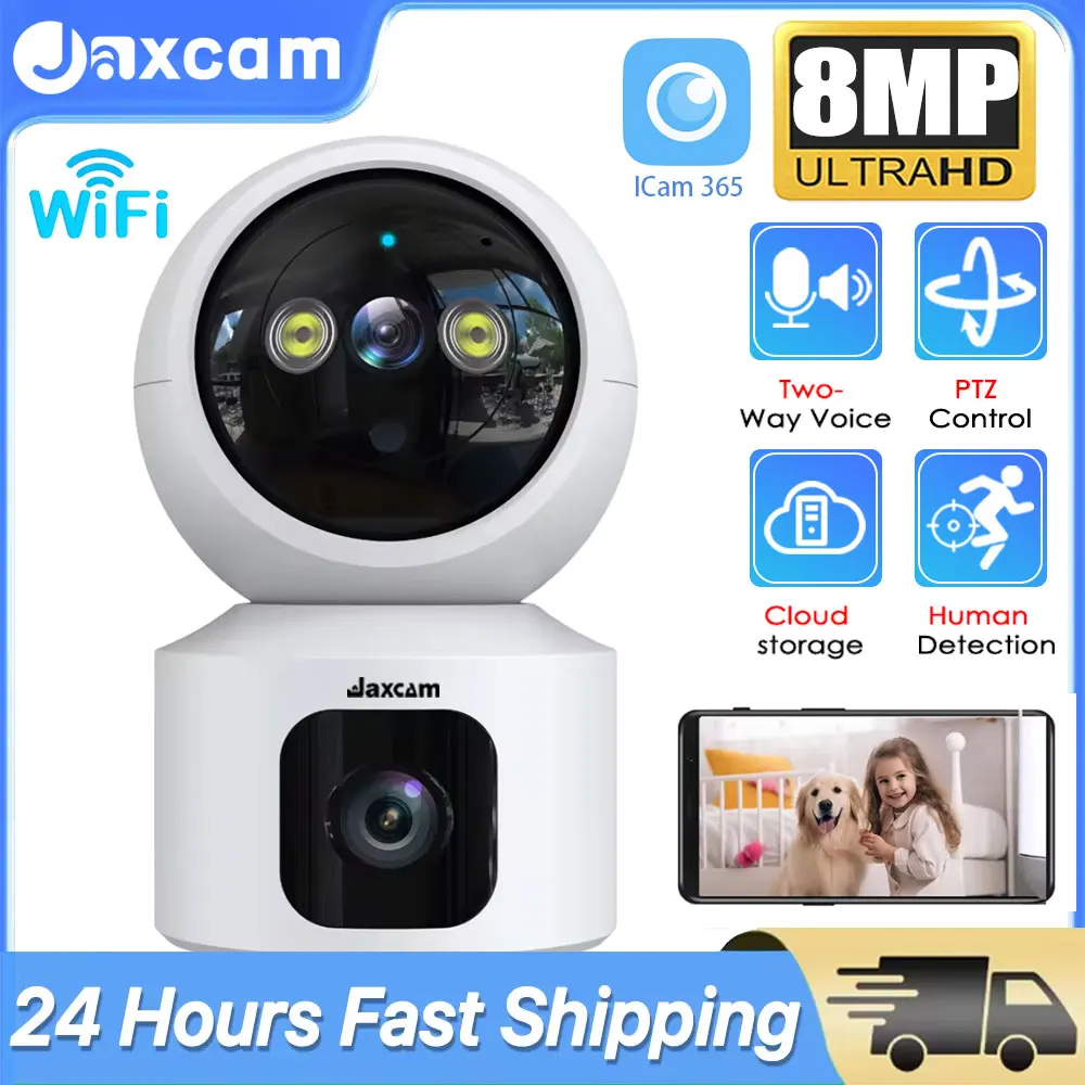 Jaxcam WiFi 4K 8MP Dual Screen WiFi IP Camera Indoor Two Way Audio IP Wireless CCTV Video Surveillance Mini Baby Monitor