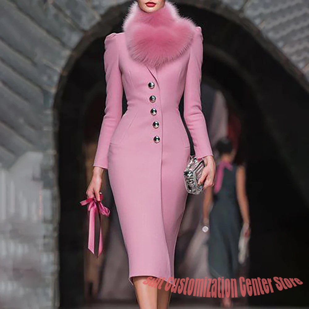 

Женская ярко-розовая длинная куртка облегающего силуэта с пушистым воротником из искусственного меха, элегантное однобортное официальное пальто, комплект из 1 предметов
