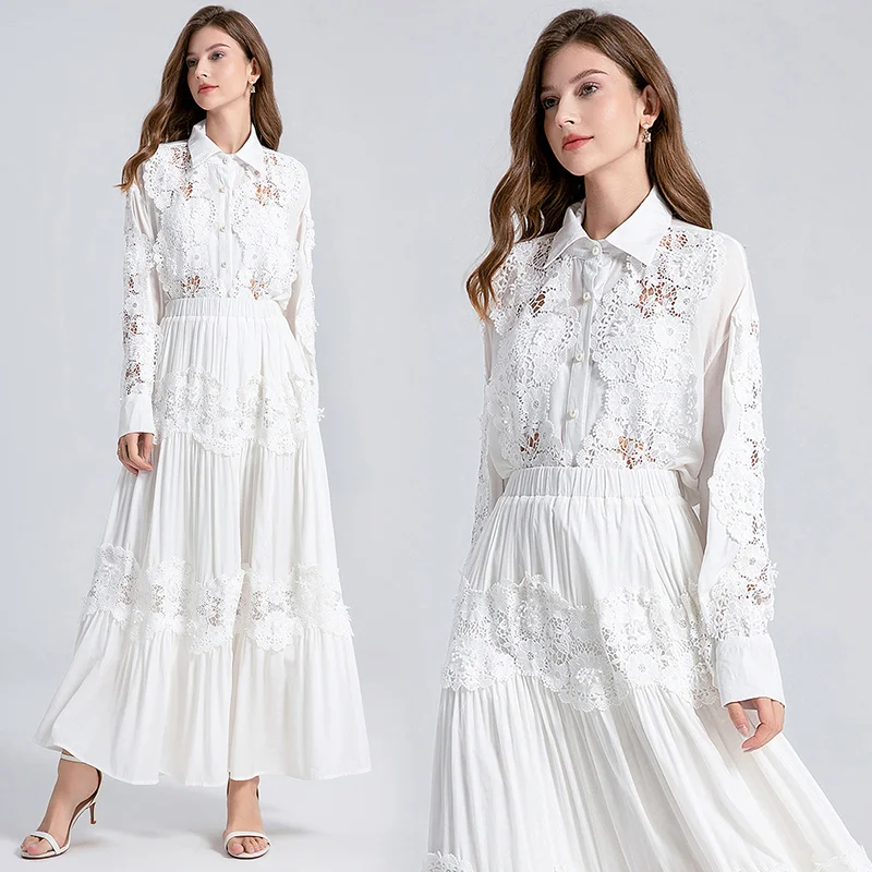Rok Maxi renda putih wanita, kemeja blus lengan panjang setelan Vintage bunga Hollow Out applique Set 2 buah kasual Vestdios