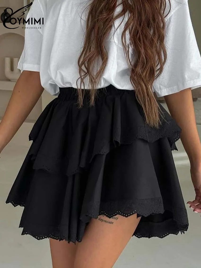 Oymimi Fashion White Lace Women\'s Skirt Elegant New High Waisted Pleated Skirts Autumn Casual Cotton Mini Skirt Female Clothing