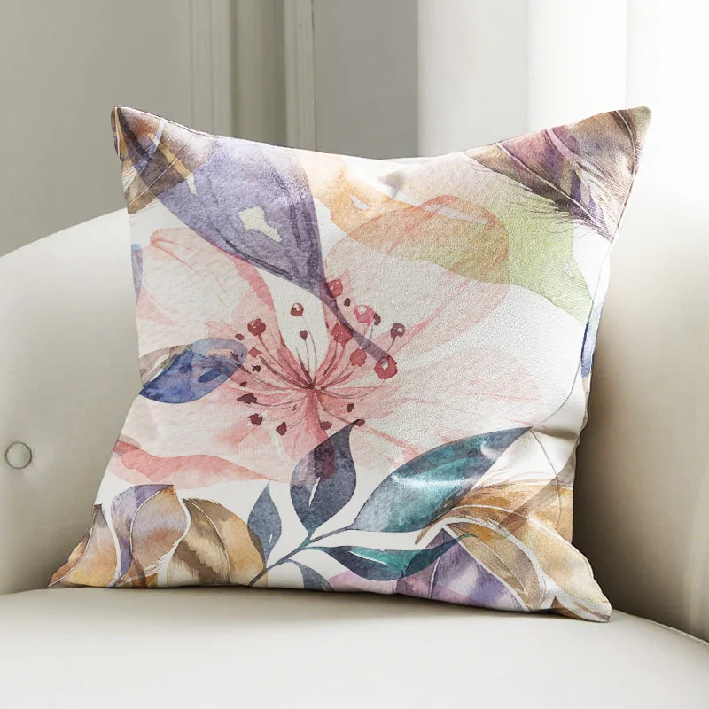

Watercolor Flower & Leaf Pillow Cover, Colorful Botanical Print Cushion Case, Elegant Sofa Bedroom Decor Pillow