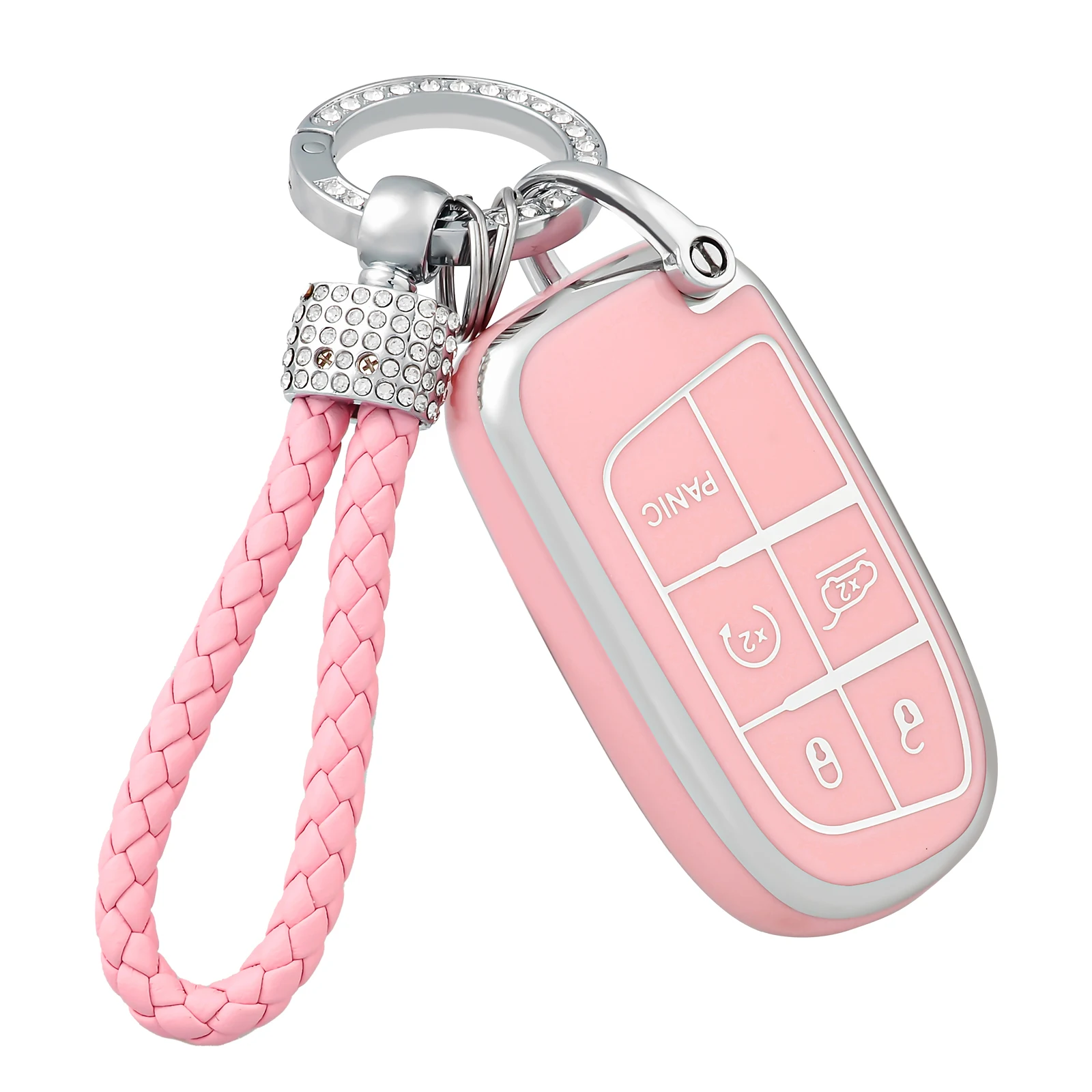 Key Fob Cover with Keychain for Fiat for Jeep Grand Cherokee Renegade Wrangler Patriot Grand Commander 5 buttons Key case pink