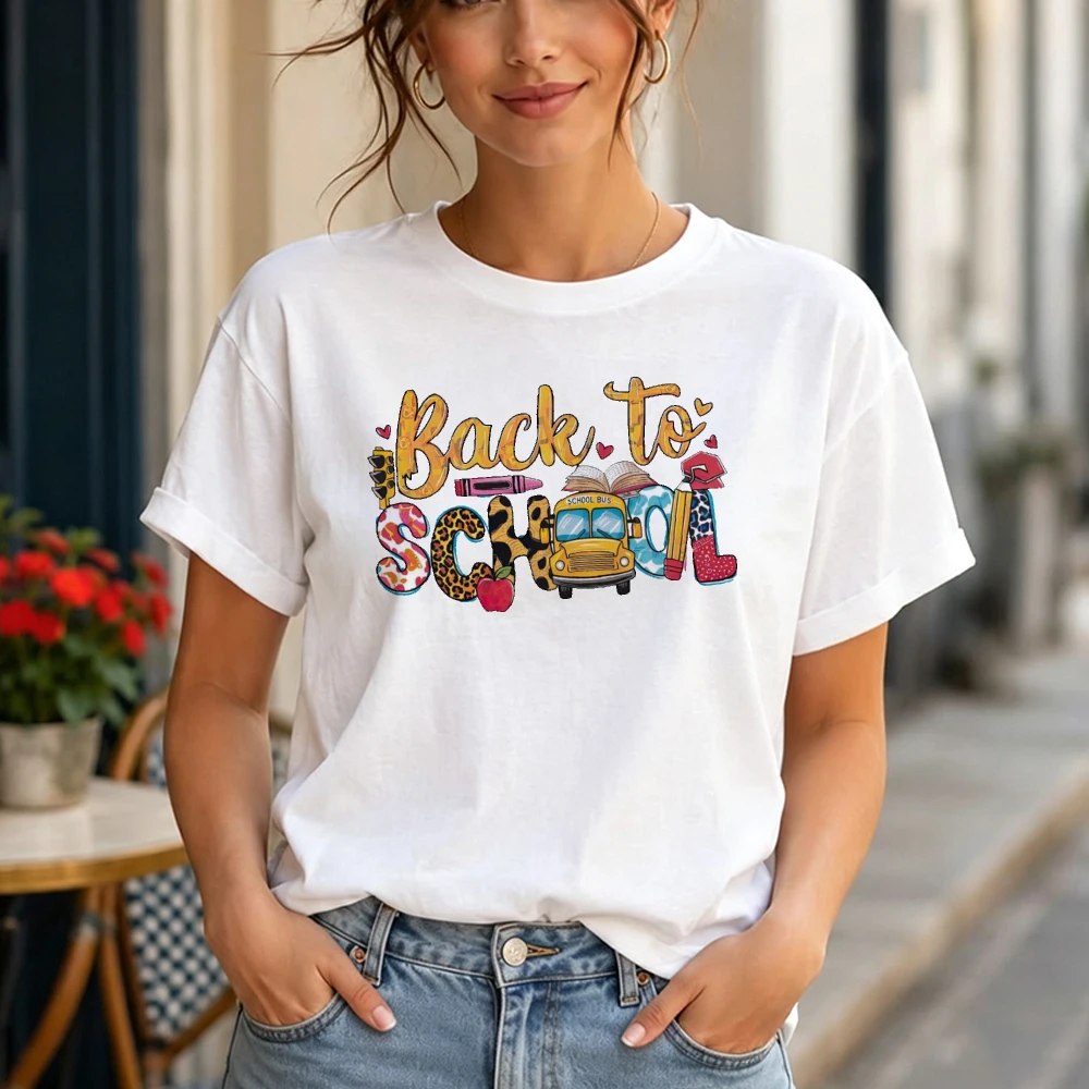 Back To School Bus Pencil Apple Teacher Women T Shirt First Day Of School Top Trendy Educator Tee Casual Daily Outfit
