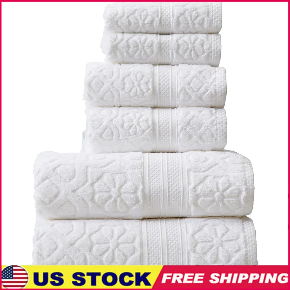 100% Cotton Towel Set 6 Pieces Absorbent Quick Dry Bath Hand Washing Cloths Textured Design Soft Durable Eco-Friendly