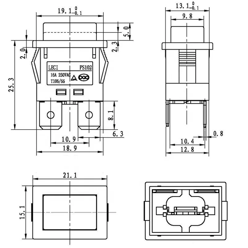 push button switch double pole single throw momentary power strip  t105 16A 250vac 2 pole 4pin 2 pin switch