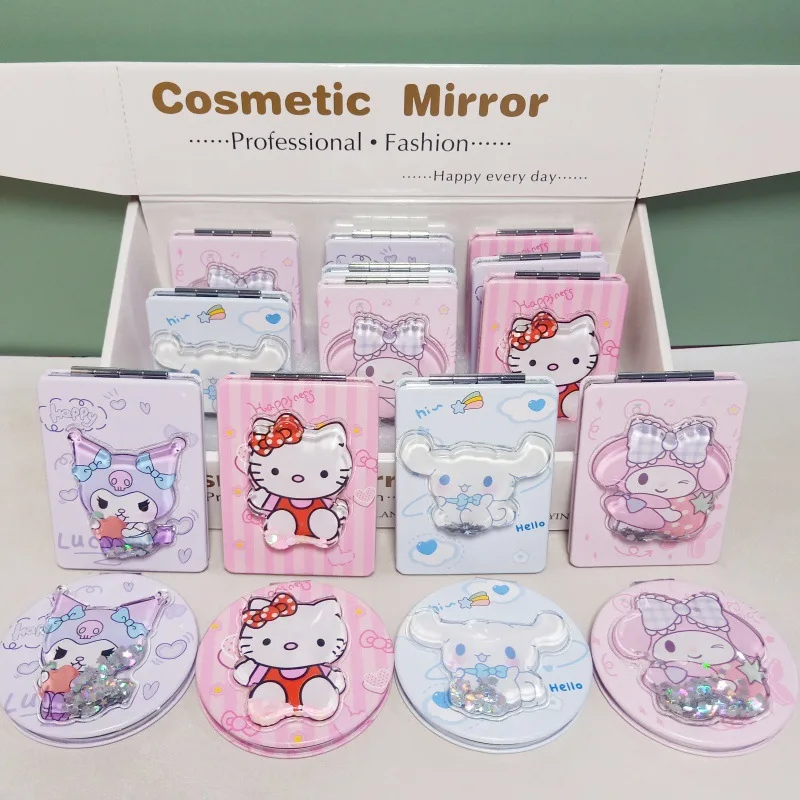 12pcs Sanrio Makeup Mirror Hello Kitty My Melody Kuromi Portable Folding Double-sided Mirror Girl Travel Beauty Cosmetic Tool