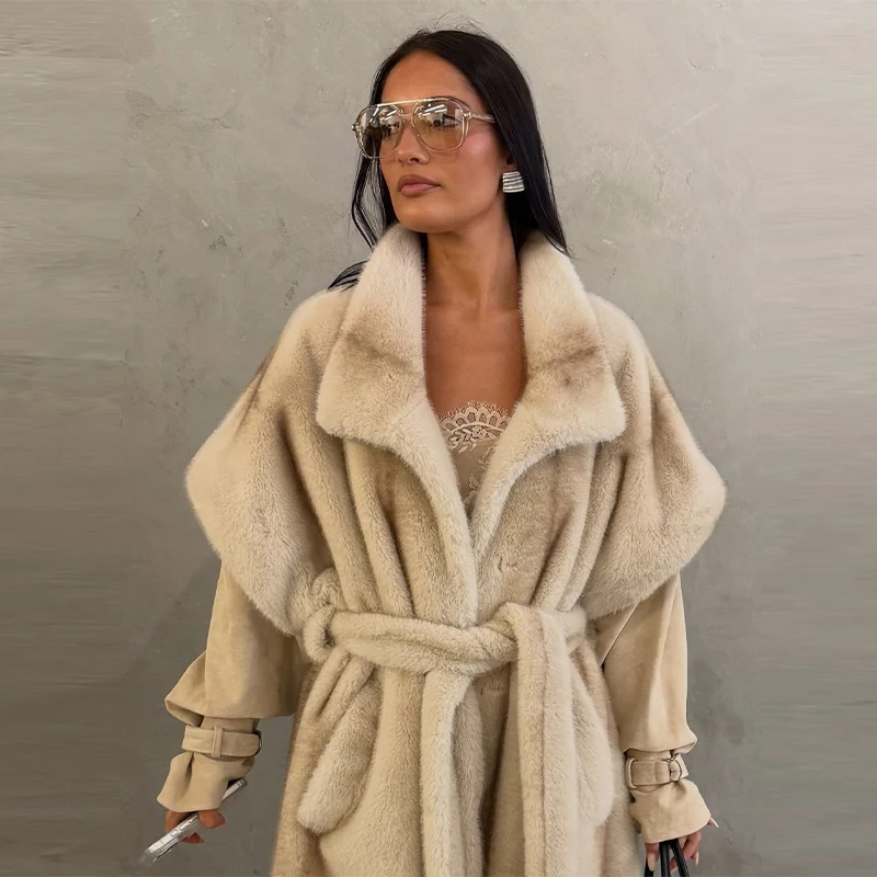 厚手のレディース冬用コート、高級フェイクファーのロングジャケット、ベルト付き、ラペル、半袖、ゆったりとしたアウター、2025年新作、暖かいレディースコート