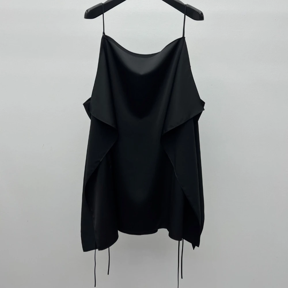 Black Pleated Satin Camisole Top Women Slings