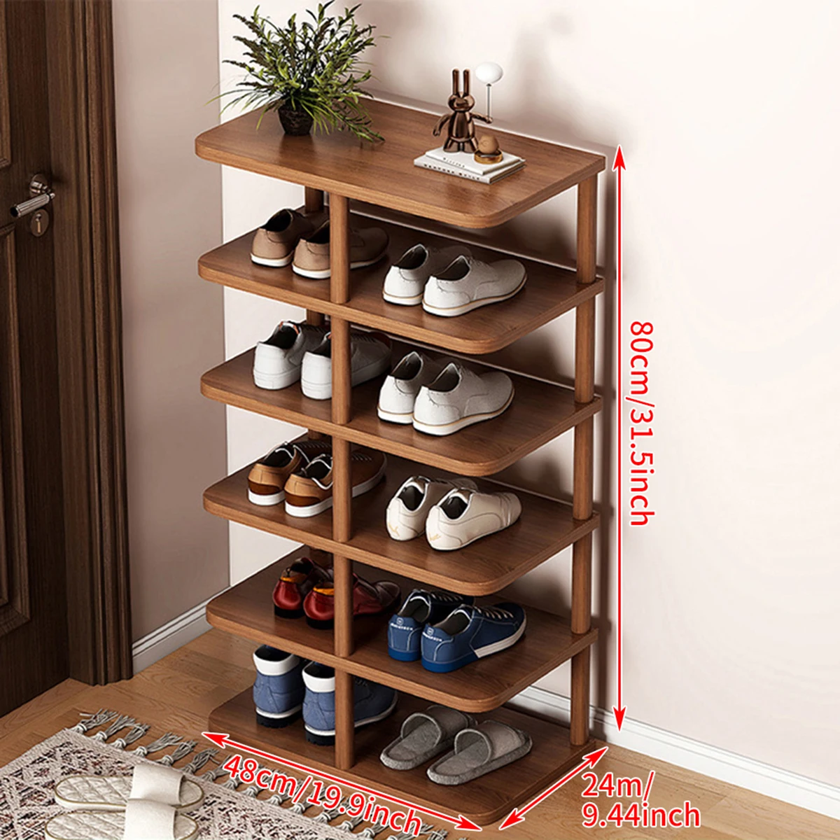 6-layers Shoe Rack 48x24x80cm Wooden Standing Storage Rack Multifunctional Movable Display Storage Shelf For Entryway