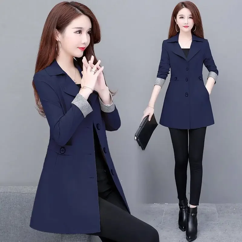 Women Spring and Autumn Fashion New Suit Collar Trench Solid Color Cultivation Button Pockets Splicing Versatile Mid-length Coat