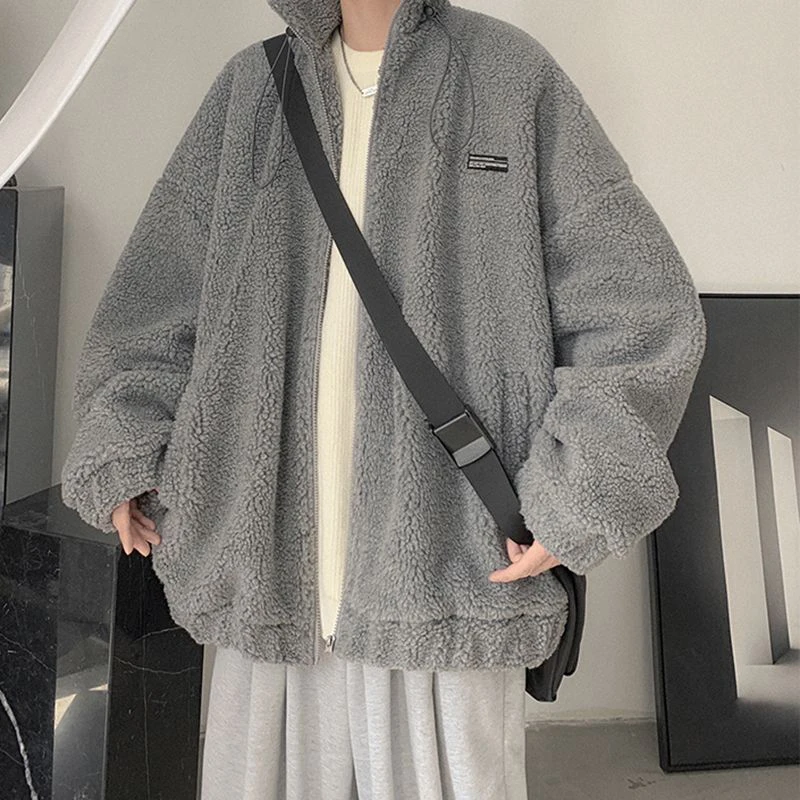Winter Warm Lamb Fur Men Long Sleeve Sweatshirts Pocket Fashion All-match Simple Oversized Couple Clothing Coat Black Gray Blue