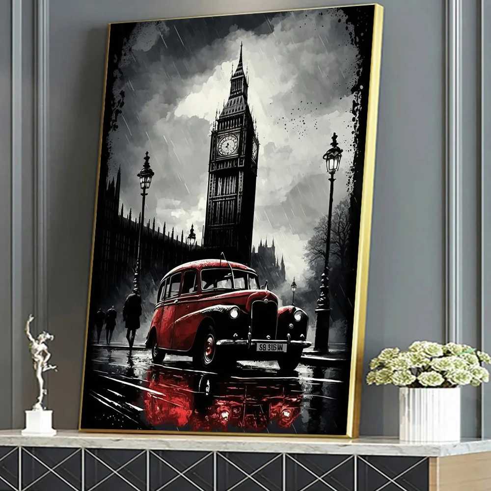 Abstrak London Paris pemandangan jalan Poster cetakan untuk dekorasi rumah Modern merah Bus mobil Menara Eiffel kanvas lukisan s