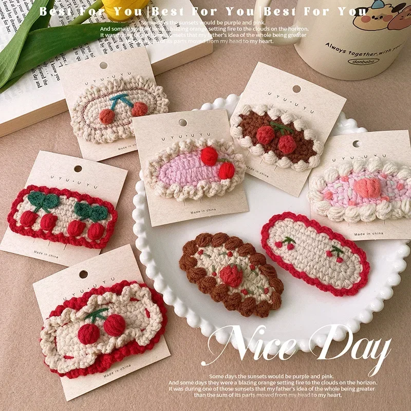 1 Piece Furry Sweet Girl Hair Clip Beige Coffee Color Cherry Strawberry Hair Pin Handmade Knitted Embroidery Kids Barrettes