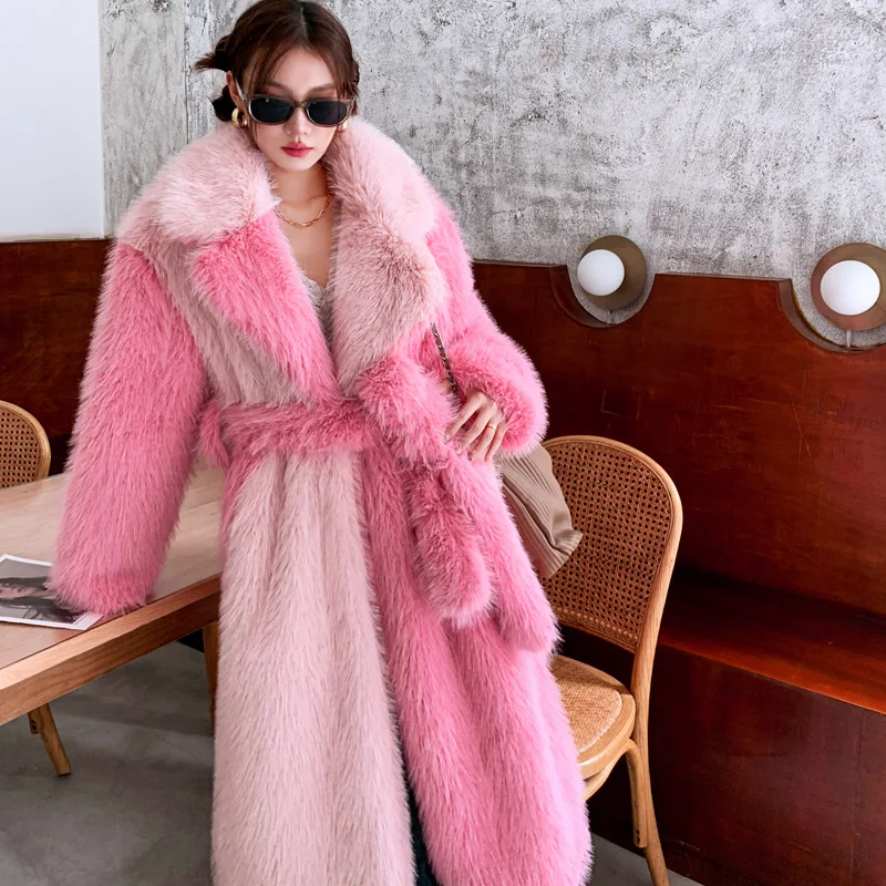 الدانتيل يصل النساء الشتاء الفراء الاصطناعي سترة اللون منعت بولو الرقبة جيوب معطف فرو المنك للإناث مقطعة الخصر سيدة معطف الفرو