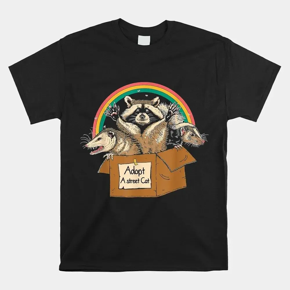 SALE!! Adopt A Street Cat Funny Opossum Raccoon Skunk T-Shirt, Size S-5XLHigh Quality 100%Cotton Short Sleeve