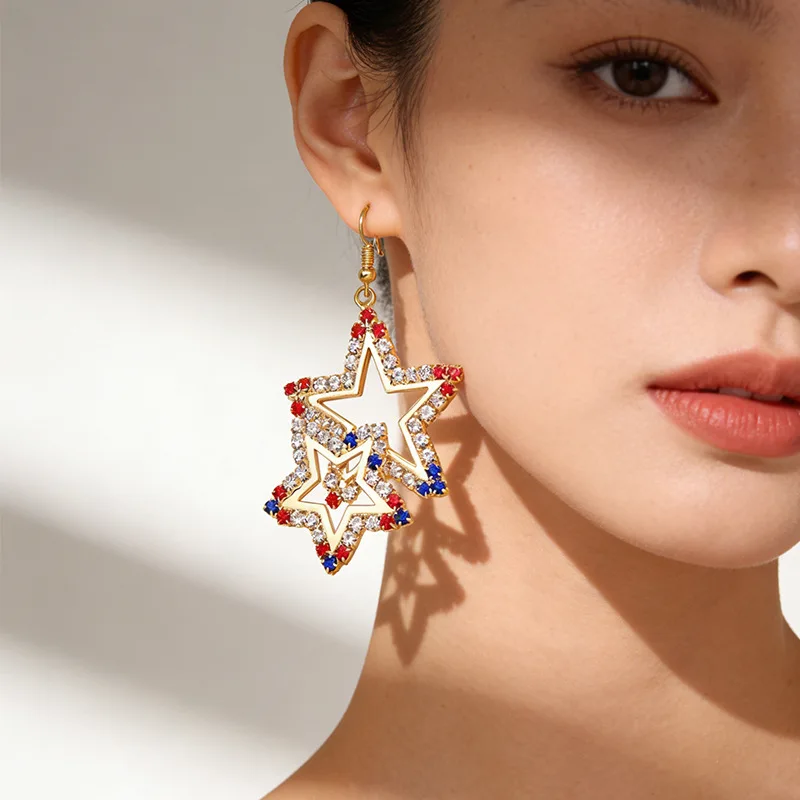 New five-pointed star earrings American Independence Day rhinestone earrings personalized accessories women's earrings