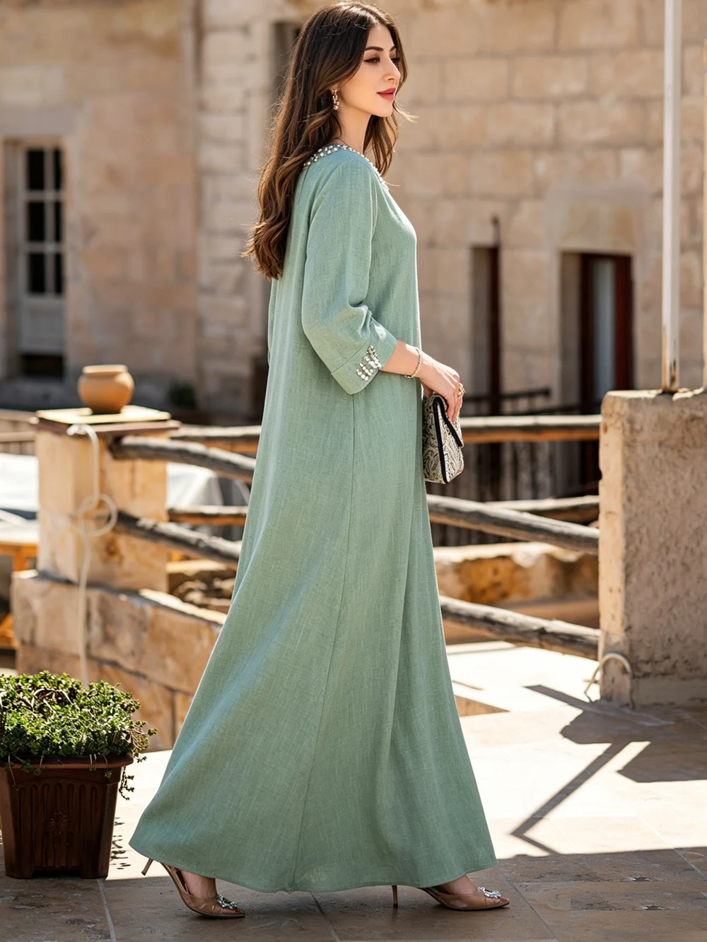 

Fashion Green Abaya Diamond Dress Dubai Kaftan Muslim Ladies Arabic Robe Islamic Wear Caftan Morocco Femme Musulmane Abayas New