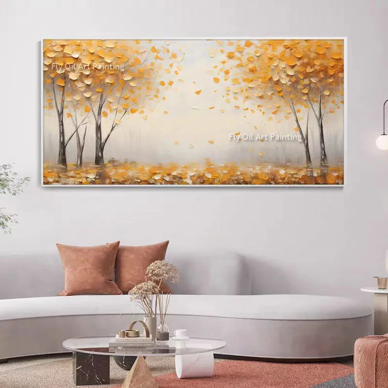

Handmade Autumn Tree Scape Brown Thick Canvas Oil Painting New Design Modern Fall Blue Landscape Artwork For Living Room Decor