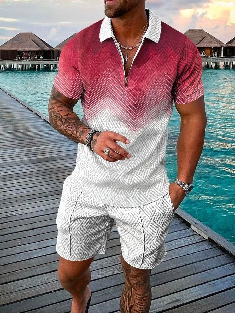 

Interesting Striped Printed men's short-sleeved suit, Fashionable Zipper Polo Shirt And Shorts set, Street Casual Suit Sweat