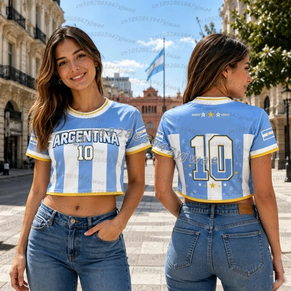 Argentina NO.10 Print Cheerleader Women's Football Jersey, Aztec Pattern Flag Crop Top, Tee for Soccer Fans Kids Adult T-Shirt