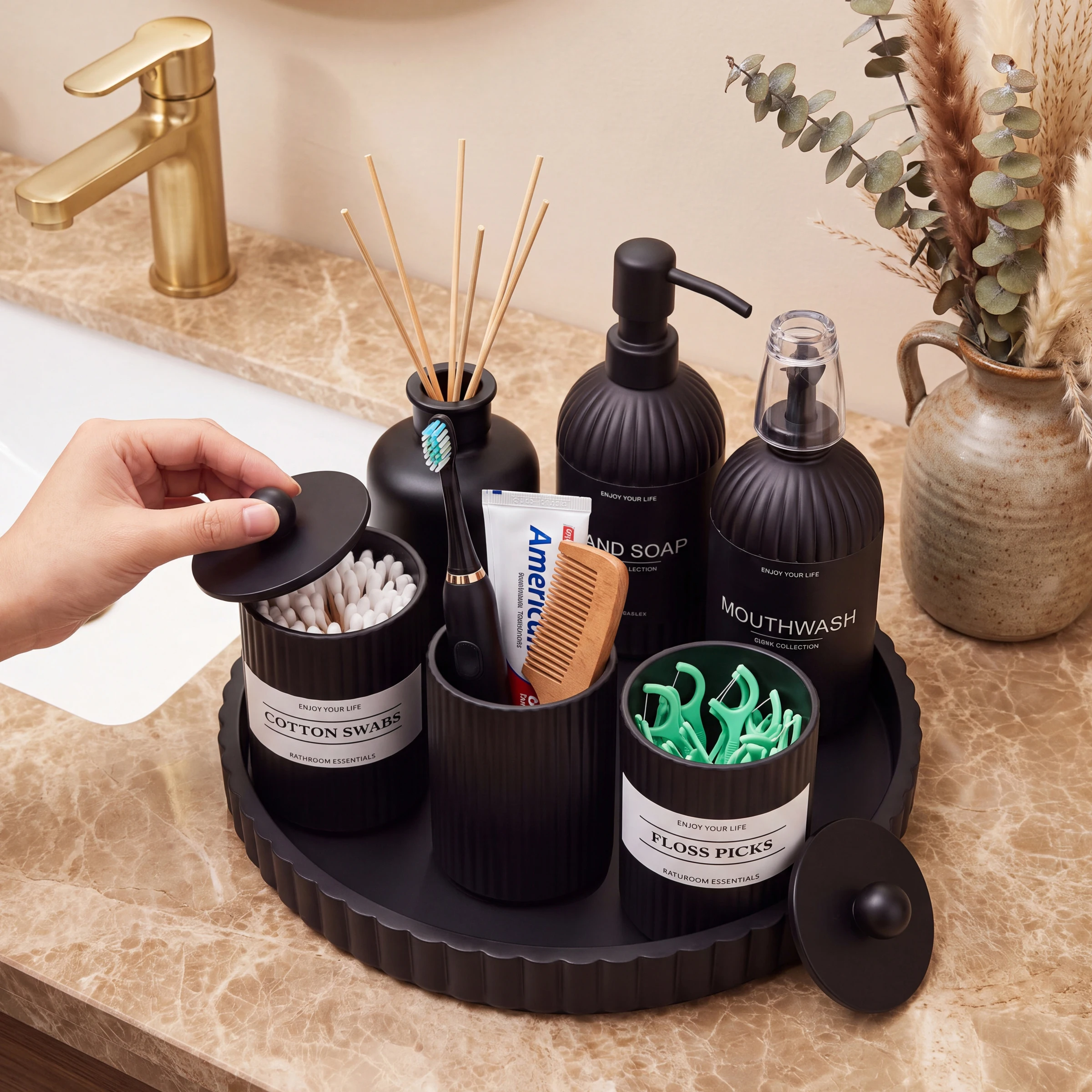 Bathroom Essentials Set- Reusable Toothbrush Holder, Storage Jar, Mouthwash Bottle and Tray, One-stop Organization for Bathroom
