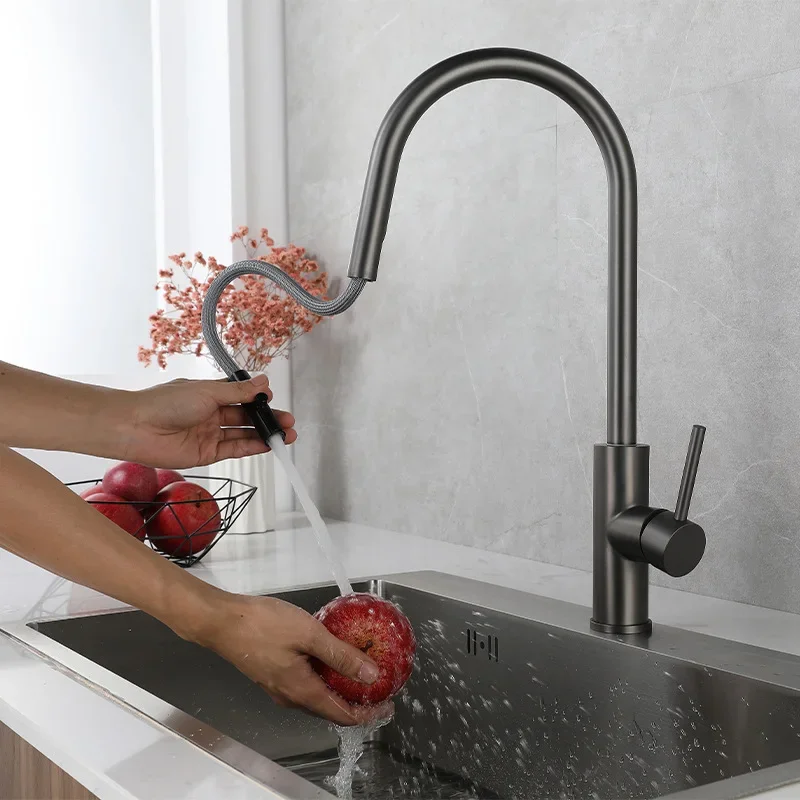 304 Stainless Steel Pull Down Kitchen Faucet With Sprayer Single Handle Cold And Hot Dual Control 2-function Black Sink Tap