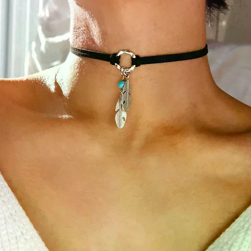 Velvet Choker Black Leather Choker Necklace Antique Color Shape Charm Multilayer Chain Necklace