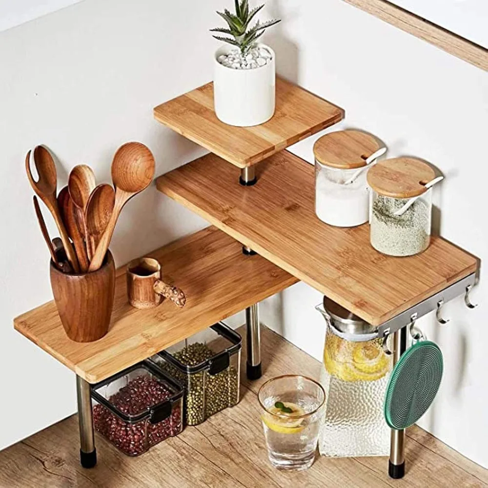 

3 Tier Corner Shelf Bamboo & Metal Storage Spice Rack-Desk Bookshelf Display Shelves Space Saving Organizer -Adjustable