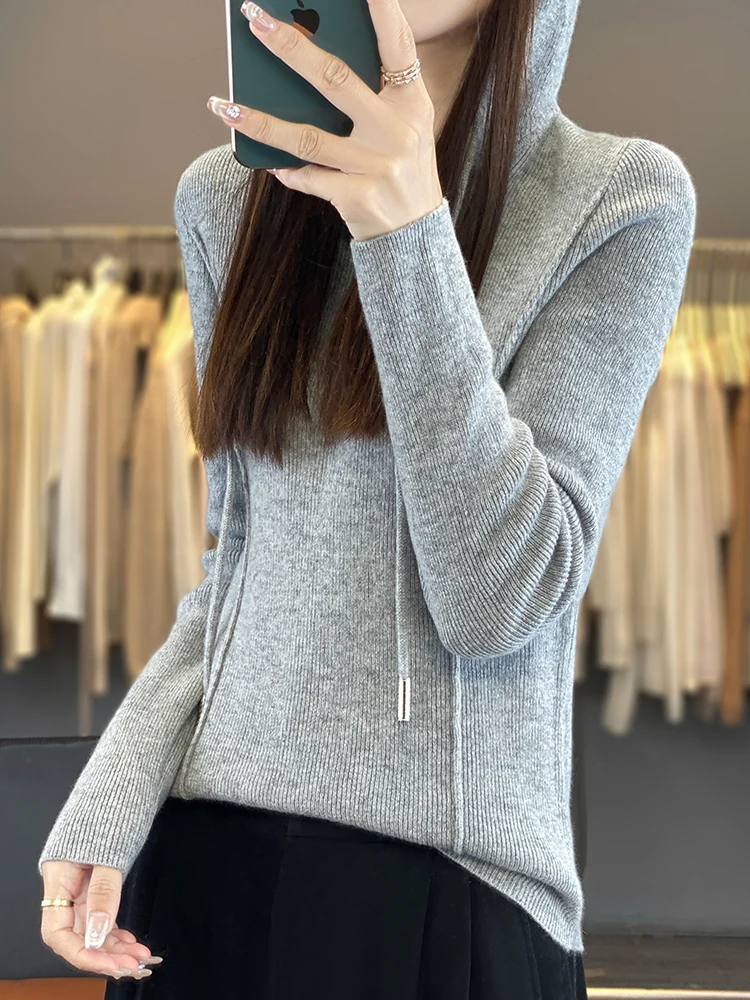 Fall Winter 100%Merino Wool Sweater WomenHooded Sweater Long Sleeve Knitted Outerwear Lady Clothes Knit Top Fashion TrendsCasual