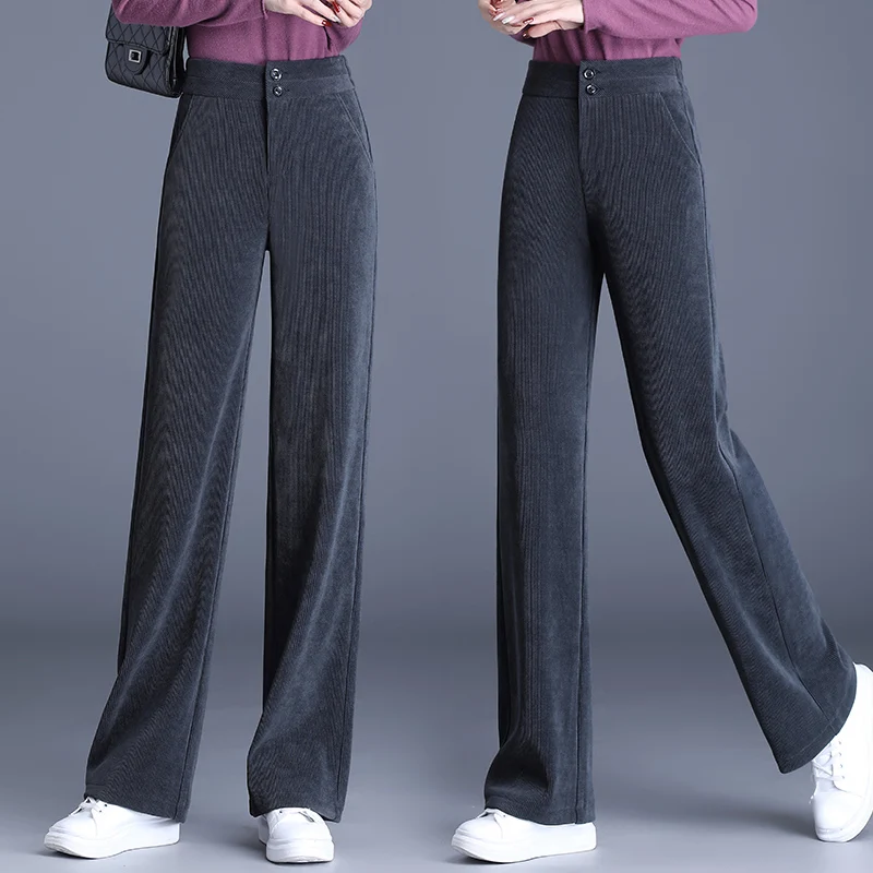 

Женские брюки с высокой талией и широкими штанинами, осенне-зимние, из вельвета, прямого кроя, повседневные, с карманами, в стиле casual