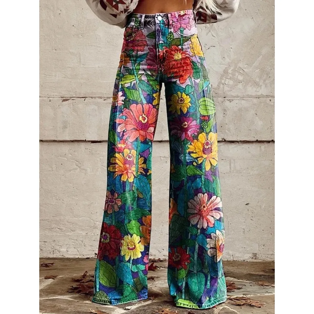 Damen Blaue Orientalische Pflaumenblüten-Druck Hose mit Hoher Taille und Weitem Bein Vintage Blumenmuster Y2K Ästhetik Lose Hose Retro Streetwear – Detail 6
