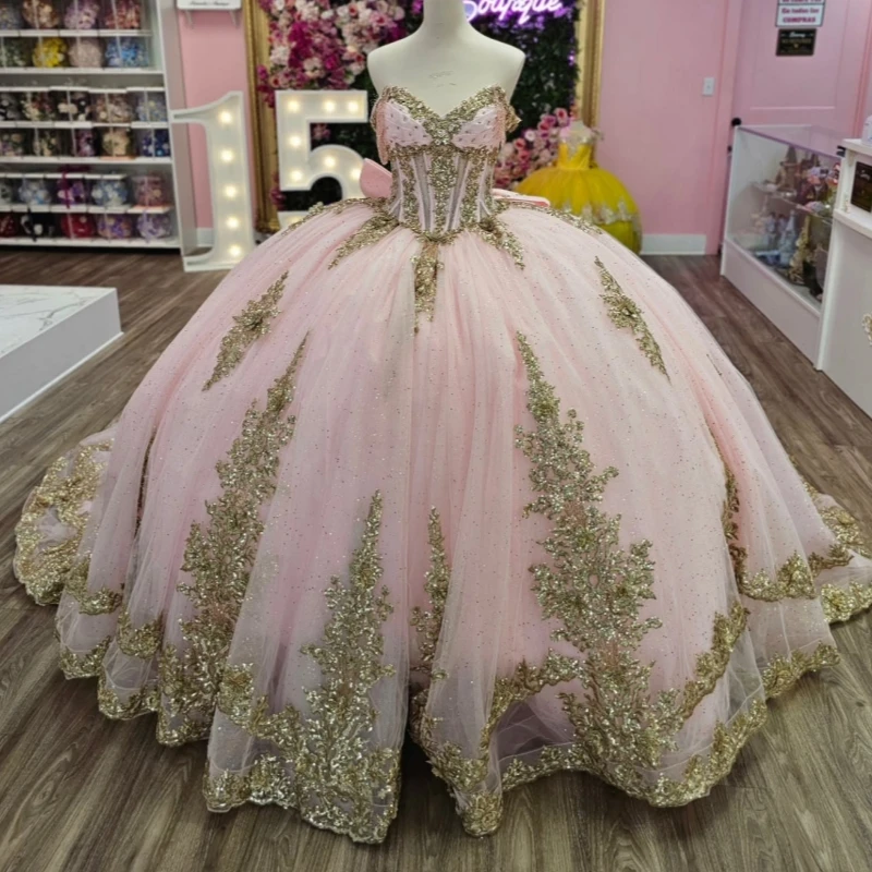 

Pink Shiny Quinceanera Dresses Off The Shoulder Gold Applique Lace Beads Bow Tull Party Birthday Sweet 16 Dress Vestidos 15 De