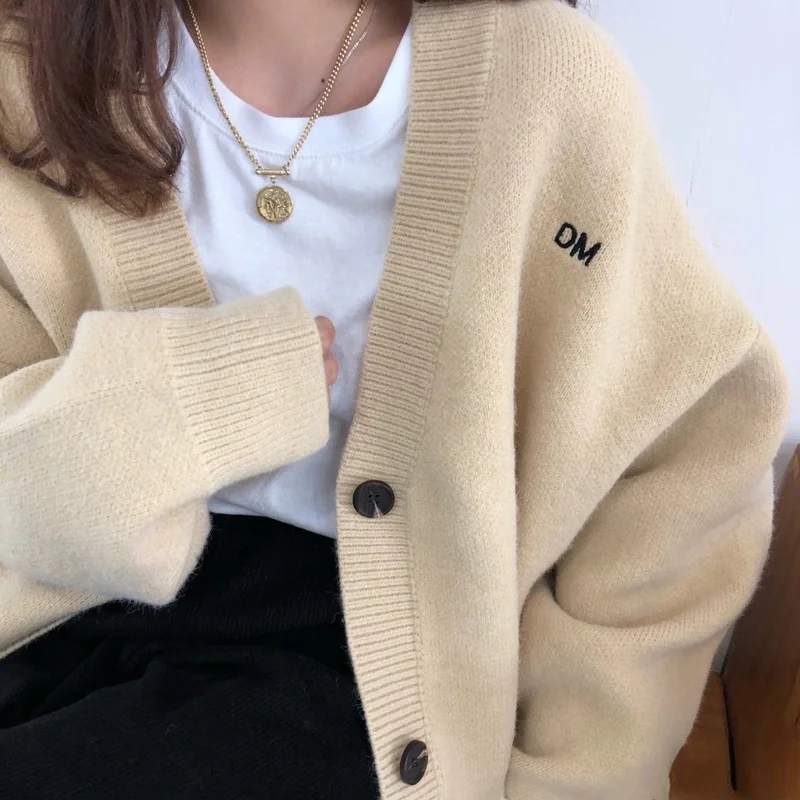 Casual Cardigans Women Korean Letter Chic Harajuku Females All-match Gentle Preppy Style Loose V-neck Sweaters Outwear Thicker