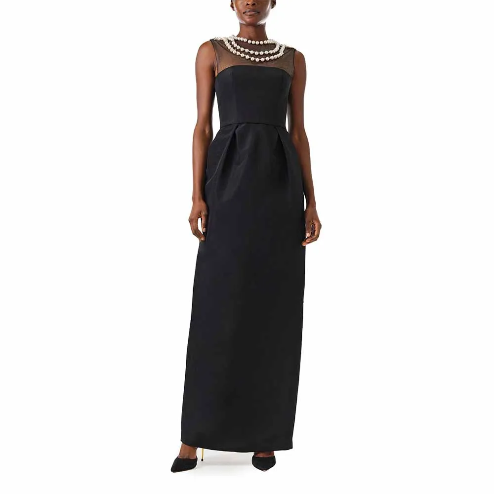 

Black Satin Evening Dresses Column Pearls O Neck Ankle Length Women's Evening Gowns Maxi Sleeveless Pleated Elegant Formal Gown