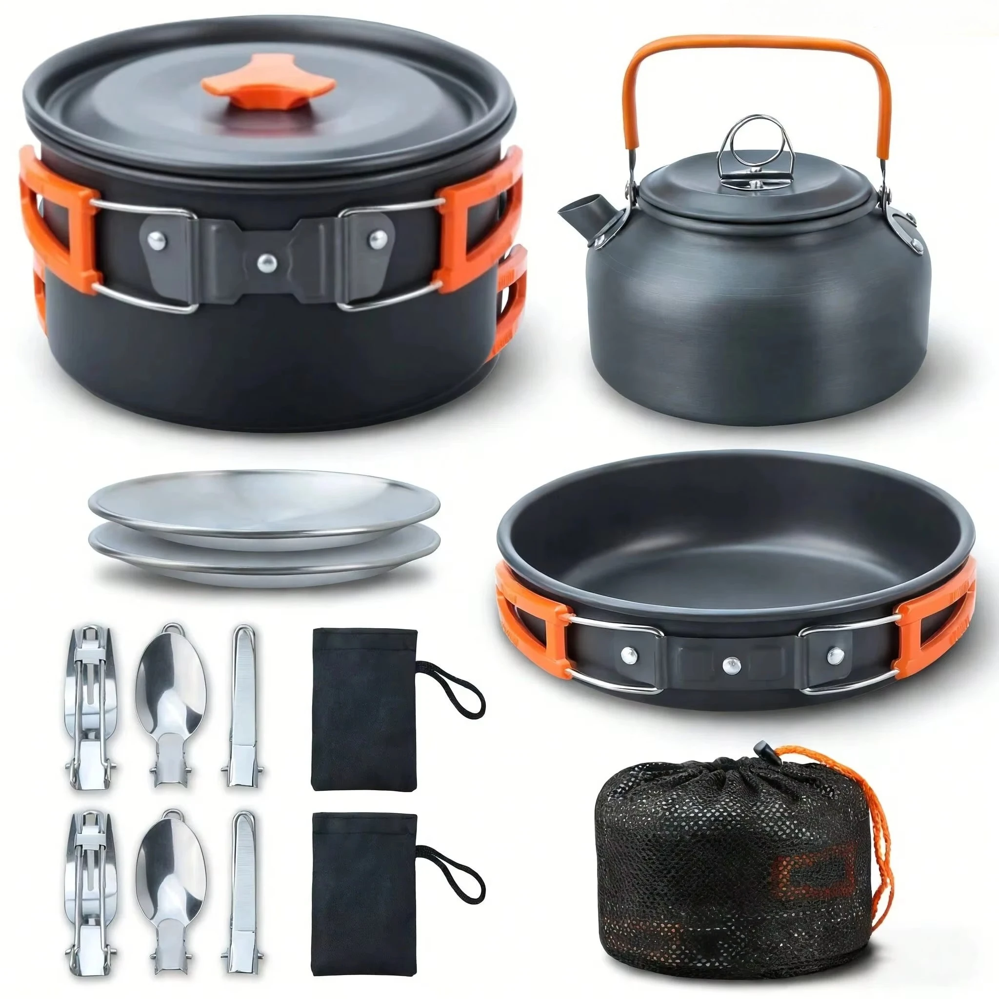 Cepasei 8/14Pcs Camping Cookware Mess Kit, Portable Non-Stick Aluminum Alloy Cookware, Kettle Pot Frying Pan Plates Forks Knives Spoons For Camping, Backpacking, Outdoor Cooking