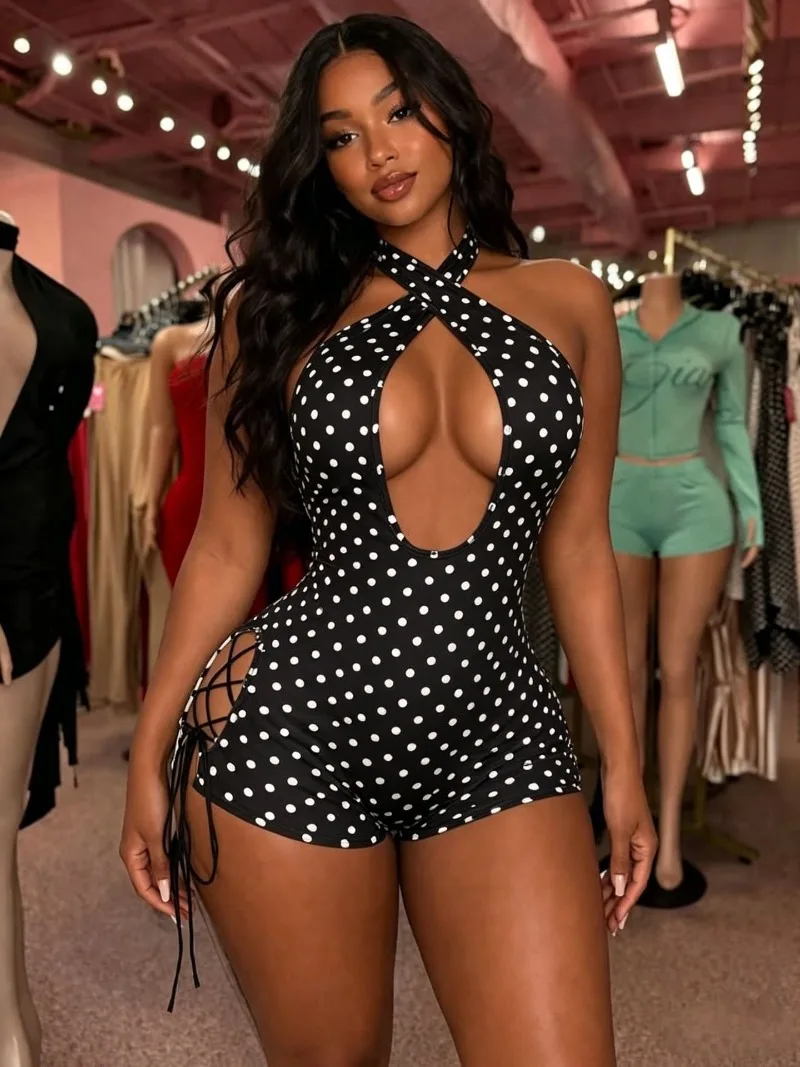 

KEXU Women Polka Dot Print Halter with Buttons Plunging Neck Backless Athletic Romper Shorts