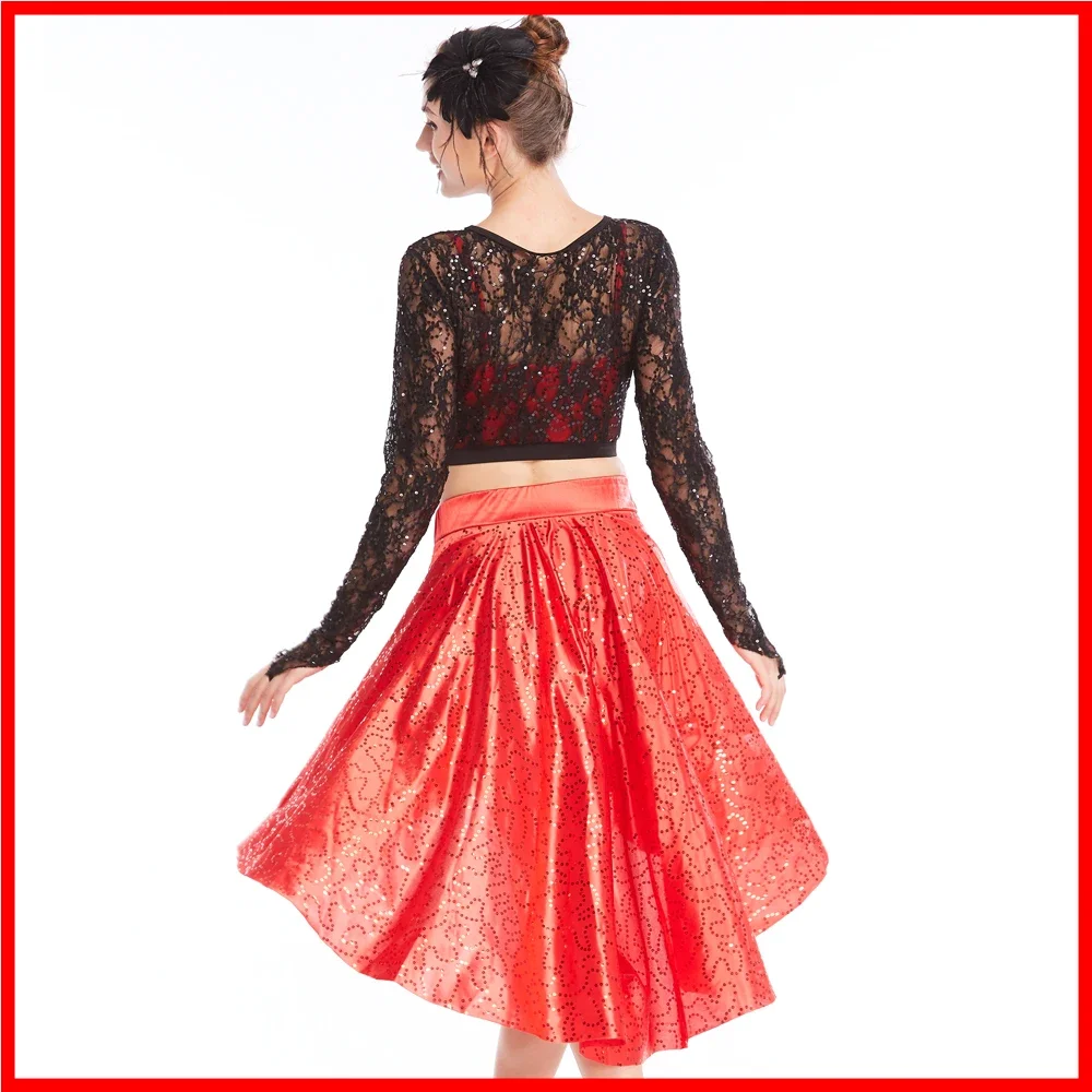 MiDee Sparkle 2 Piece Modern Dance Costumes Lace Sequins Crop Top Skirt Lyrical Performance Outfits