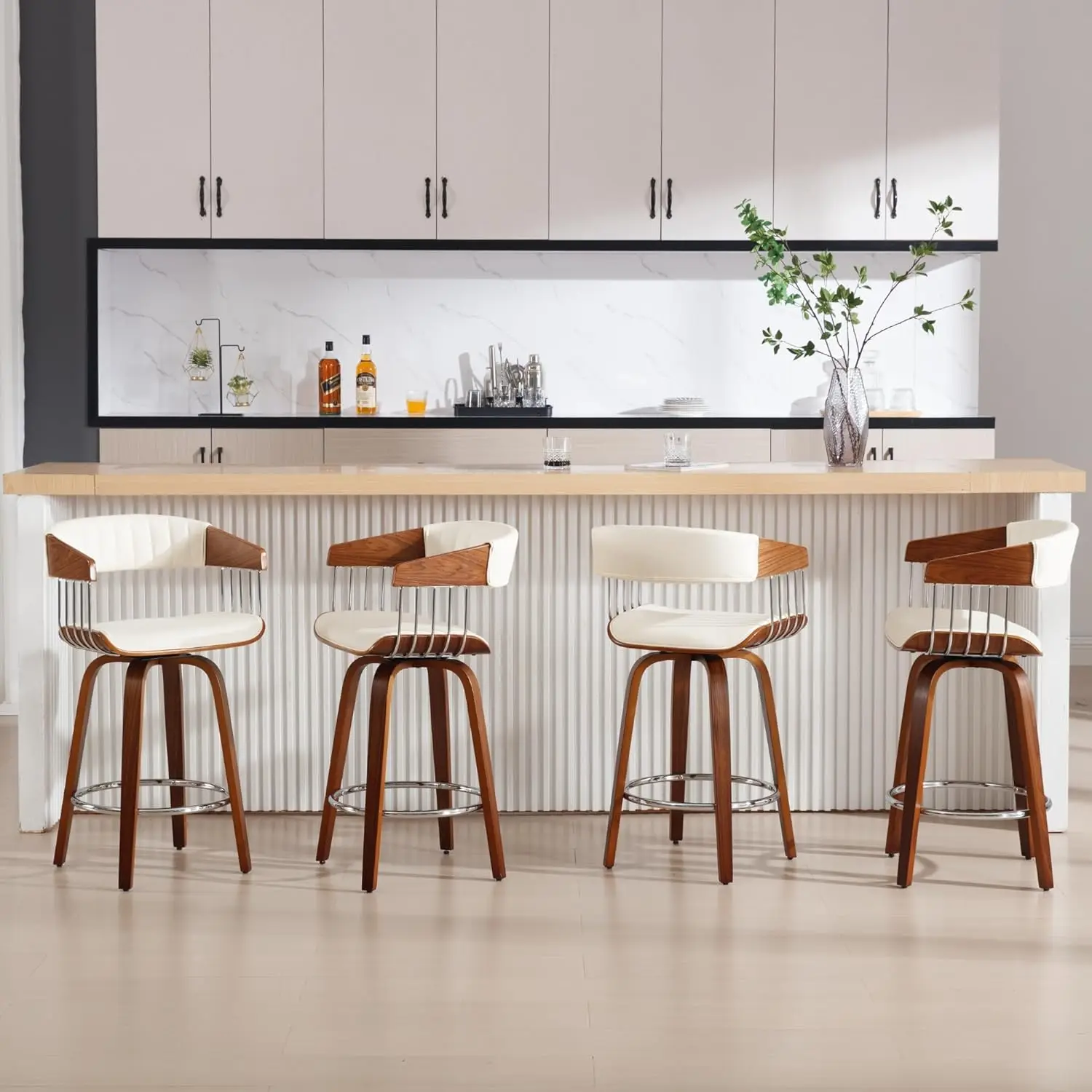 

Набор из 4 современных барных стульев высотой 26 дюймов, поворотные, с спинкой и деревянными ножками, удобные, с обивкой, на заказ